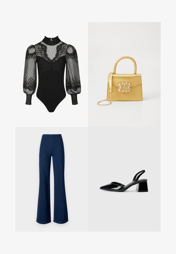 Must mustdress, millelisega kõrge volangkaelus, läbipaistvad puhvärvlid pitsikentitiesega ja figuuri järgiistuv allosa. Kaunistatud täpiliste ja lillemustriga.; Tumedatest sinistest flöödidest teksad, mis on valmistatud denimist ja neil on elastne vöökoht. Omavad siledat tekstuuri ja laia jala disaini, mis ulatub hemsse.; Mustad musta lakknahk kingad, millel on terav varvas ja geomeetriline plokkkonts. Omab elegantselt minimalistlikku disaini ja sujuvat tekstuuri.; Kollane faux-krokodilli käsipindaga kott, millel on struktureeritud disain, ülemine käepide, eemaldatav kettmass ja dekoratiivne kristallkaunistus klambril.