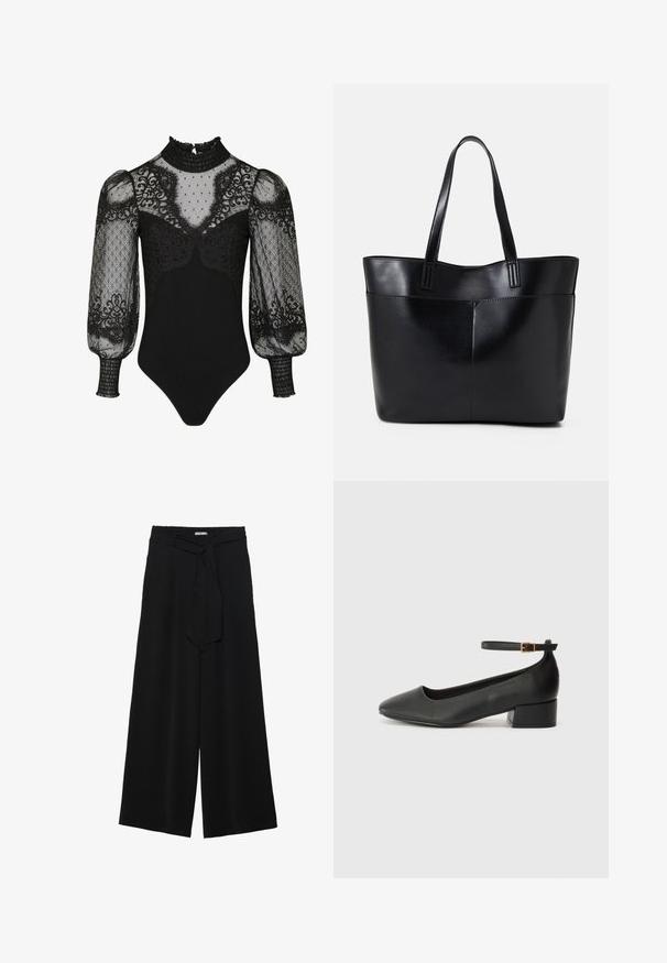 Bodysuit negro con un alto cuello rizado, mangas abullonadas translúcidas con detalles de encaje y un fondo ajustado. Adornado con lunares y patrones florales.; Pantalones de pierna ancha negros con un tejido texturizado, una cinturilla elástica y un lazo desmontable en la cintura para un ajuste ajustable.; Zapato de tacón negro de cuero con punta afilada y tacón bajo cuadrado. Presenta una correa para el tobillo con una hebilla en tono dorado. Textura suave.; Bolso tote de cuero negro con dos asas largas, textura suave y forma estructurada. Cuenta con un bolsillo frontal para almacenamiento adicional.