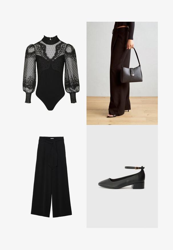 Black bodysuit featuring a high ruffled collar, sheer puff sleeves with lace accents, and a fitted bottom. Detailed with polka dots and floral patterns.; Black wide-leg pants featuring a textured fabric, an elastic waistband, and a detachable sash tie at the waist for adjustable fit.; Black leather pump with a pointed toe and a low block heel. Features an ankle strap with a gold-tone buckle. Smooth texture.; Black handbag with structured shape, smooth texture, and a metallic clasp. Paired with wide black pants and open-toe sandals on wooden floor.