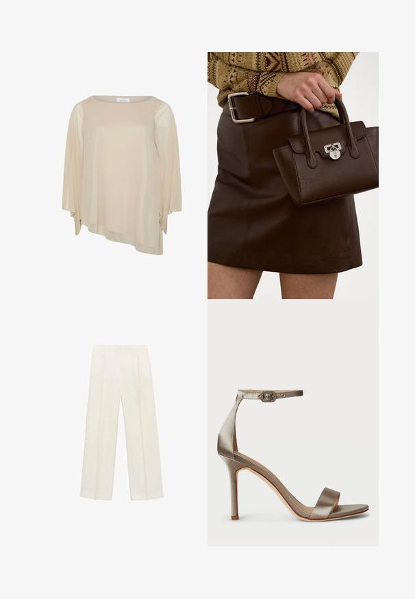 Beige Bluse mit langen Ärmeln im lockeren Schnitt, rundem Ausschnitt und einer weichen, transparenten Textur. Verfügt über einen asymmetrischen Saum und ein minimalistisches Design.; Weit geschnittene Hosen in einem hellen cremefarbenen Farbton. Hergestellt aus einem glatten Stoff mit Falten an der Vorderseite und seitlichen Taschen.; Satin High Heel Sandale in Silber mit Fußgelenkriemen und dekorativer Schnalle. Offene Zehen und schlankes, elegantes Design.; Braune Lederhandtasche mit strukturiertem Finish und silbernen Beschlägen, gehalten mit einer Hand neben einem braunen Lederrock und einem gemusterten Pullover.