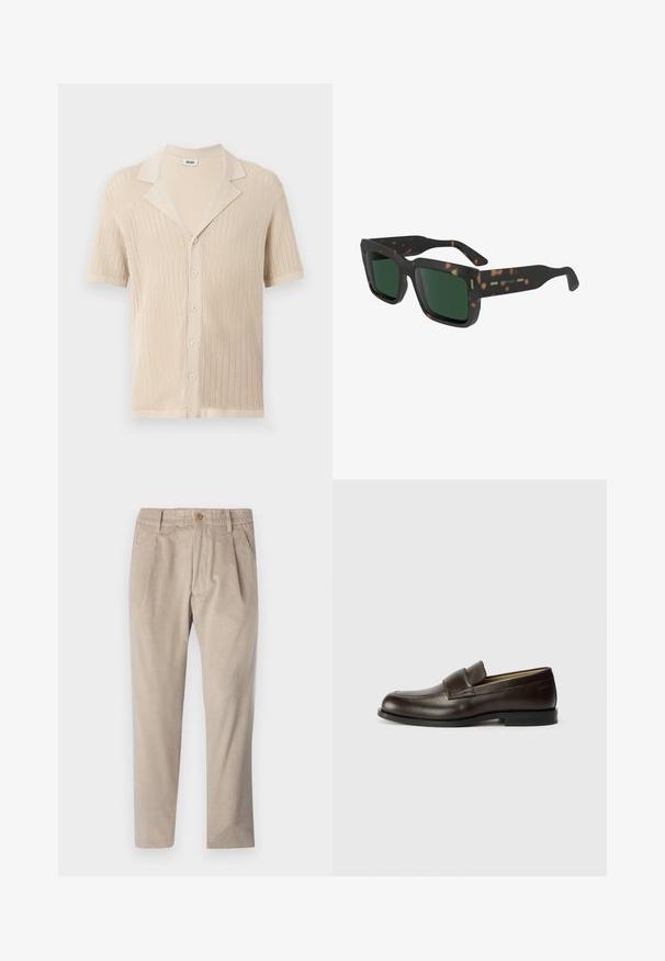Beige strikket kortermet skjorte med krage, subtil ribbestruktur og fem knapper foran.; Beige cordfløyelsbukser med elastisk midjebånd, knappeåpning og detaljer med legg, med en rett ben-design og teksturert stoff.; Calvin Klein Slippers - cocoa brown; Solsikker med en mørk skilpaddeformet ramme, firkantet fasong, grønne linser og subtile metallaksenter på stengene.