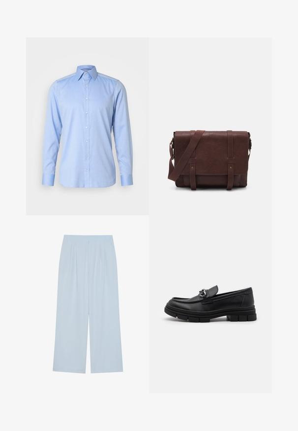 Hellblaues Hemd mit Knöpfen aus glattem Stoff, mit klassischem Kragen, langen Ärmeln und fünf vorderen Knöpfen sowie passenden Manschetten.; Helleblaue weit geschnittene Hose aus glatt verarbeitetem Material, mit vorderen Falten und einem elastischen Bund für zusätzlichen Komfort.; Schwarzer Lederloafer mit runder Zehenform, einem dekorativen Riemen und Hardware sowie einer robusten, strukturierten Sohle. Glatte Oberfläche mit dezenten Details.; Braune Leder-Umhängetasche mit einer flachen Vorderklappe, zwei Riemen, goldenen Hardware-Akzenten und einem verstellbaren Schultergurt.; Silberne Metall-Uhr mit einem gebürsteten blauen Zifferblatt, weißen Stundenmarkierungen und einem Datumsanzeiger. Verfügt über ein verlinktes Metallarmband und ein Markenlogo.
