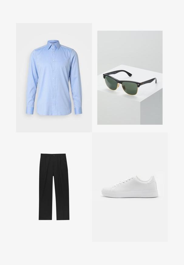 Camicia blu chiaro con bottoni in tessuto morbido, caratterizzata da un colletto classico, maniche lunghe e cinque bottoni frontali con polsini abbinati.; Pantaloni neri con un design a gamba dritta, realizzati in un tessuto liscio. Presentano pieghe frontali e una chiusura a un bottone in vita.; Sneaker bianchi con tomaia in sintetico liscio, punta tonda, sei occhielli per i lacci e suola in gomma a profilo basso con dettagli testurizzati.; Occhiali da sole Ray-Ban con lenti verdi, montatura in plastica nera e dettagli dorati ai bordi. Forma quadrata con finitura opaca.
