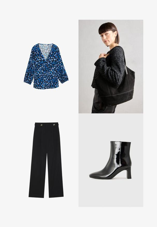 Modra in črna bluza z V-izrezom, dolgimi napihnjenimi rokavi in pikčasto vzorcem v različnih odtenkih modre. Lahkoten material z mehko teksturo.; Črne široke hlače s visokim pasom, gumbnimi detajli na pasu in sprednjimi gubami.; Črne lakirane gležnjarje z ošiljenim nosom in srednje visokim blokastim peto. Gladka tekstura in minimalističen dizajn.; Črna semiš torbica z gladko teksturo, strukturirano obliko in kontrastnim šivanjem. Ima dolge naramnice za nošenje na rami.