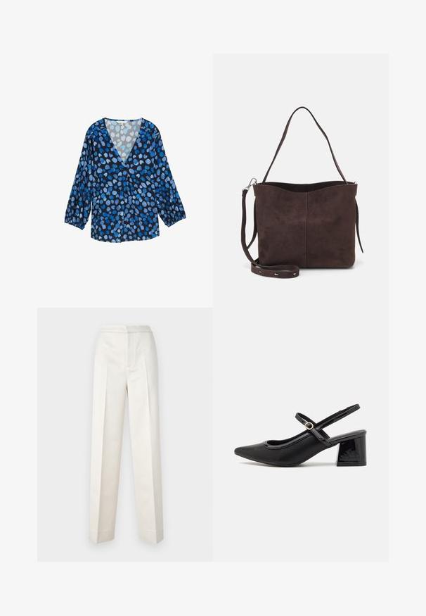 Zila un melna blūze ar V-veida kakla izgriezumu, garām pūkainām piedurknēm un punktētu rakstu dažādās zila toņos. Viegls audums ar mīkstu struktūru.; Krēma krāsas bikses ar pielāgotu piegriezumu, ar taisnu nogriezumu, gludu audumu, priekšējo krokām un tīru apdari. Minimalistisks dizains.; Melns patentēts ādas sandales ar norādīta pirksta formu, noapaļotu izgriezuma dizainu un bloķētu papēdi. Iezīmēta ar zelta toņa sprādzi.; Brūns zamšādas roku soma ar mīkstu tekstūru, aprīkota ar vienu plecu siksnu un nelielu izliekta augšējā atvēruma dizainu. Nav redzamu metāla detaļu.