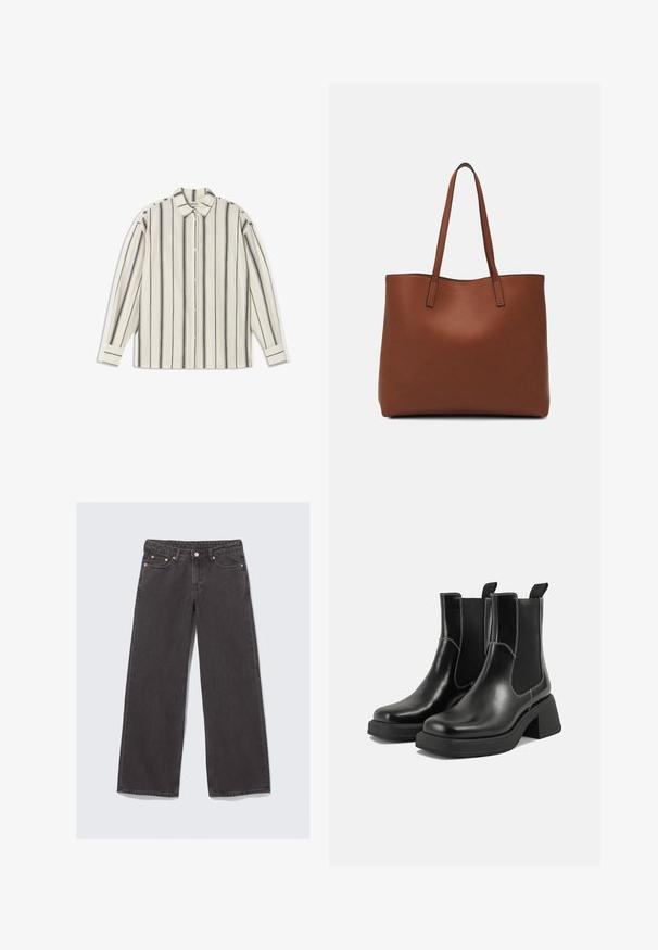 Biela košeľa na gombíky s vertikálnymi čiernymi pruhmi, golierom, dlhými rukávmi a gombíkmi na manžetách. Mäkká tkanina s hladkým povrchom.; Široké nohavice z tmavosivého denim materiálu. Medzi vlastnosti patrí vysoký pás, mosadzné kovanie a klasický dizajn s piatimi vreckami.; Čierne kožené Chelsea čižmy s robustným podpätkom, elastickými bočnými panelmi a kontrastným bielym prešívaním. Textúrovaný povrch.; Hnedá kožená taška na rameno s hladkou textúrou, otvoreným vrchom a dvoma ramenými popruhmi. Má minimálne šitia a žiadne viditeľné kovania.