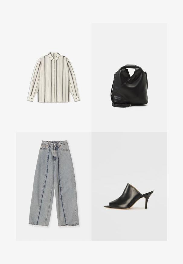 Camisa blanca de botones con rayas verticales negras, cuello, mangas largas y botones en los puños. Tela suave con una textura lisa.; Vaqueros de pierna ancha en azul claro con bordes deshilachados, una cintura alta y costuras en contraste. Hechos de denim, presentan un ajuste relajado y un desgaste mínimo.; Mule negro de cuero con punta abierta, con un diseño elegante y curvado, tacón alto de aguja y textura suave. El interior presenta un color claro en contraste.; Bolso de cuero negro y suave con un diseño retorcido único. Presenta un asa corta y una correa de hombro desmontable. Estilo minimalista.