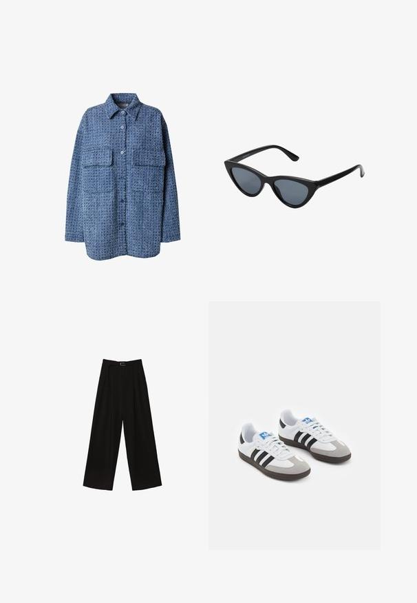 Blaues gewobenes Hemdjackett mit Knopfleiste, spitzem Kragen und zwei Brusttaschen. Der strukturierte Stoff hat ein dezentes Muster. Lockere Passform.; Weißes Baumwoll-Top mit Rundhalsausschnitt, ohne Ärmel und figurbetontem Schnitt. Glatte Textur, schlichtes Design und minimale Nähdetails.; Schwarze, weit geschnittene Hose mit hoher Taille, ausgestattet mit einem Gürtel in der Taille und Falten für Struktur. Hergestellt aus einem glatten, leichten Stoff.; Sportschuhe mit einem Obermaterial aus weißem Leder, grauer Wildleder-Zehenkappe und drei schwarzen Streifen. Sie verfügen über ein blaues Logo auf der Zunge und eine strukturierte Gummisohle.; Schwarze Cat-Eye-Sonnenbrille mit dunkelgrauen Gläsern, schlankem Kunststoffrahmen, spitzen Ecken und geraden Bügeln. Keine sichtbaren Befestigungen oder Akzente.; Graue Lederhandtasche mit doppelten Griffen, einem abnehmbaren Gurt, glatter Textur und einem metallischen Verschluss an der Vorderseite. Runde Form und minimalistisches Design.