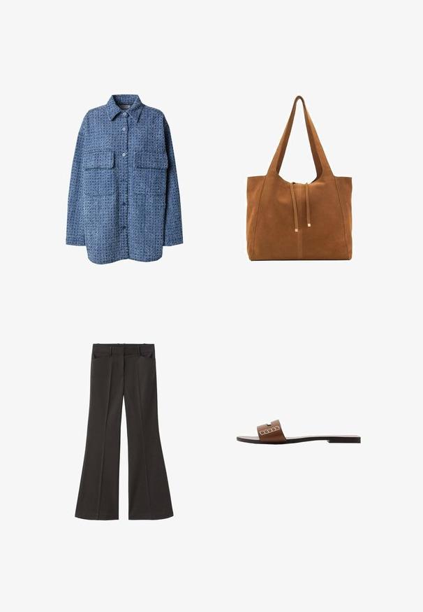 Blaues gewobenes Hemdjackett mit Knopfleiste, spitzem Kragen und zwei Brusttaschen. Der strukturierte Stoff hat ein dezentes Muster. Lockere Passform.; Schwarze, weit geschnittene Hosen mit hoher Taille; verfügt über zwei Fronttaschen und eine glatte Stoffoberfläche. Geeignet für verschiedene Anlässe.; Braune Leder-Slidesandalen mit flacher Sohle, ausgestattet mit einem breiten Riemen und weißen geometrischen Akzenten für ein minimalistisches Design.; Braune Wildleder-Tasche mit zwei langen Trägern, Zugverschluss und minimalistischem Design. Glatte Textur und keine sichtbaren Hardware-Details.