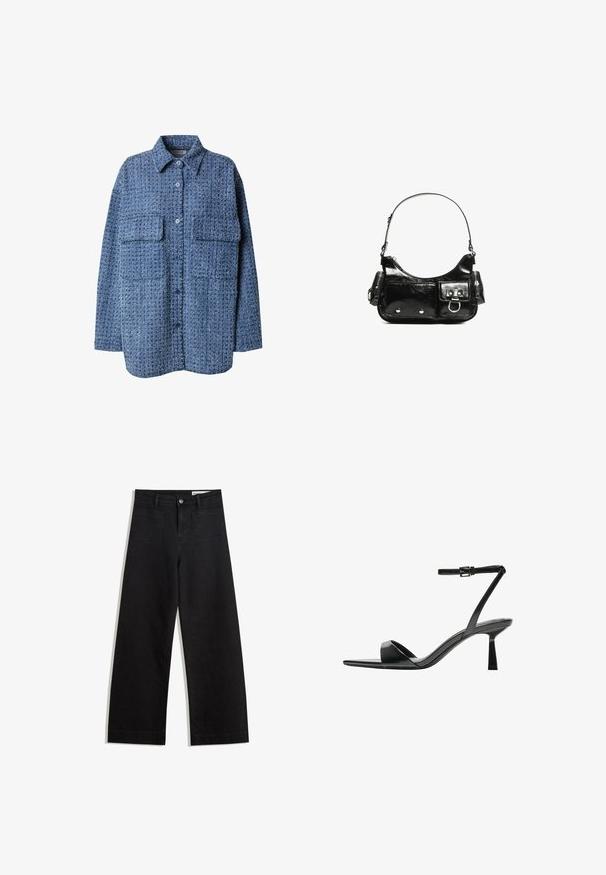 Blue woven shirt jacket with button front, pointed collar, and two chest pockets. Textured fabric features a subtle pattern. Relaxed fit.; Black wide-leg denim pants with a high waist, featuring front and back pockets, stitched seams, and a button closure. Smooth texture.; Bershka High heeled sandals - black; Black patent leather handbag with a curved shape, one shoulder strap, front pockets, and silver-tone hardware accents.
