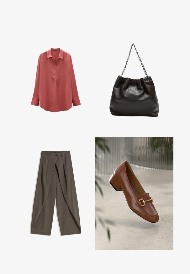 someday. ZANZA - Bluse - rose umber; Weite Hosen aus einem strukturierten, dunkelgrauen Stoff. Mit einer vorderen Faltenlegung, Knopfverschluss und praktischen Seitentaschen ausgestattet.; Braune Lackleder-Loafer mit quadratischer Zehenpartie, metallischem Kettenakzent und niedrigem Blockabsatz; glatte Textur, minimalistisches Design.; Braune Lederhandtasche mit gerafftem Oberteil und Kettenriemen. Glatte Textur mit glänzendem Finish und subtilen Nahtdetails an den Seiten.