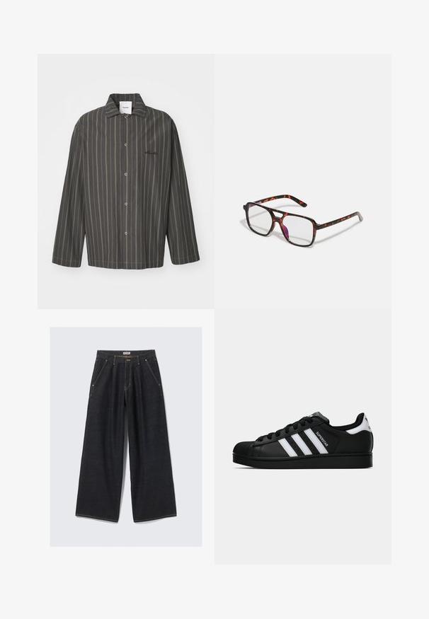 Wzorzysty, ciemnoszary koszula z guzikami z subtelnymi zielonymi akcentami, z klasycznym kołnierzykiem i długimi rękawami, wykonana z miękkiego materiału.; Biała koszulka z długim rękawem, wykonana z miękkiej bawełny. Okrągły dekolt, proste brzegi, bez widocznych wzorów czy grafik.; Ciemnoniebieskie spodnie o szerokich nogawkach z plisami z przodu, ukośnymi kieszeniami, szlufkami na pasek oraz zapięciem na guzik w pasie, oznaczone "WEEKDAY."; Czarne sneakersy Adidas Superstar z białymi paskami, noskiem w kształcie muszli i napisem "Superstar" na boku, zaprezentowane w profilu bocznym na białym tle.; Okulary w kratkę tortoiseshell z prostokątnymi soczewkami, czarną i pomarańczową oprawą, z błyszczącym wykończeniem i smukłymi zausznikami.