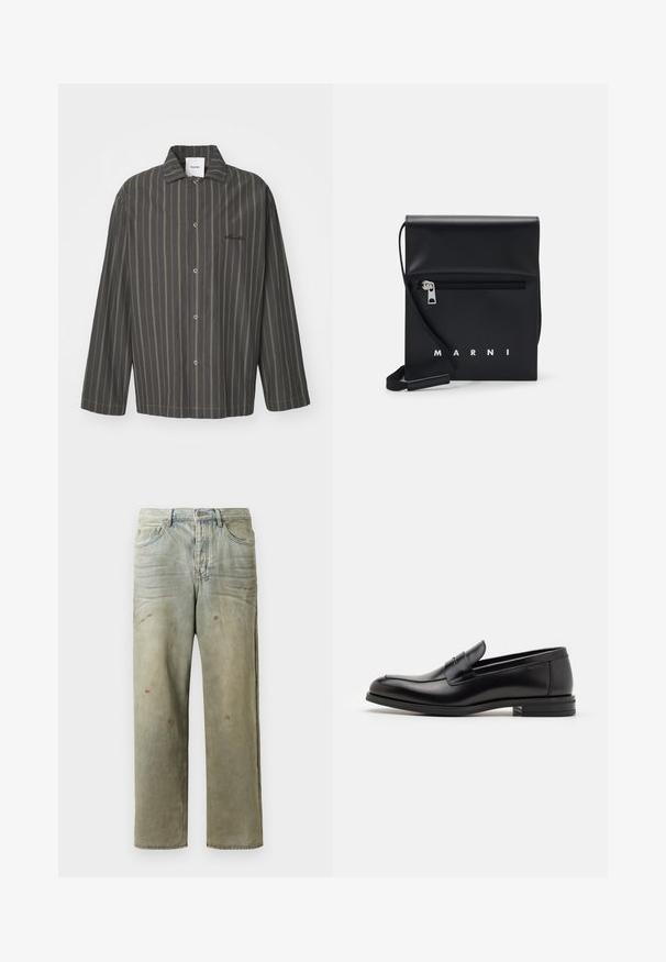 Raidallinen nappikauluspaita tummanharmaana, jossa on hienovaraisia vihreitä yksityiskohtia. Paidassa on klassinen kaulus ja pitkät hihat, ja se on valmistettu pehmeästä kankaasta.; Vaaleanvihreät kulutetut farkut suoran lahkeen, viiden taskun muotoilun ja epätasaisen haalistumisen sekä maalikohoumiin kanssa.; Mustat nahkakengät, joissa on sileä pinta, pyöreä kärki ja koristeellinen nauha jalkapöydän yli. Matala pinoitu koroke, minimalistinen muotoilu.; Musta nahkainen olkalaukku, jossa on vetoketjullinen etutasku, kohokuvioitu logo ja säädettävä hihna. Sujuva tekstuuri ja jämäkkä muoto.