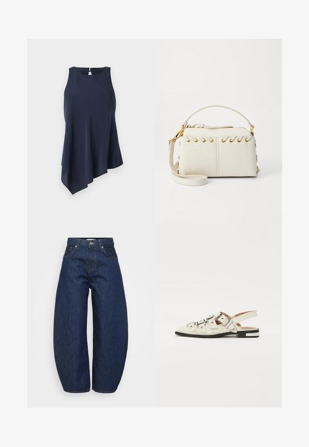 Granatowa bezrękawnik o asymetrycznym dołem, wykonany z miękkiego materiału. Posiada otwór w kształcie łezki z tyłu. Prosty, elegancki design.; Jeansy dżinsowe w ciemnoniebieskim kolorze z wysokim stanem i szerokimi nogawkami, z zapięciem na guziki i suwak z przodu oraz klasycznym pięciopocketowym designem.; Sandały typu slingback z białej skóry, z wieloma szerokimi paskami i srebrnymi klamrami; płaska podeszwa z małym czarnym obcasem i metalicznymi akcentami.; Biała torebka z sztucznej skóry z górnym zamkiem błyskawicznym, krótkim uchwytem oraz odpinanym paskiem na ramię z okuciami w kolorze złotym. Szczegóły w postaci sznurków po bokach.