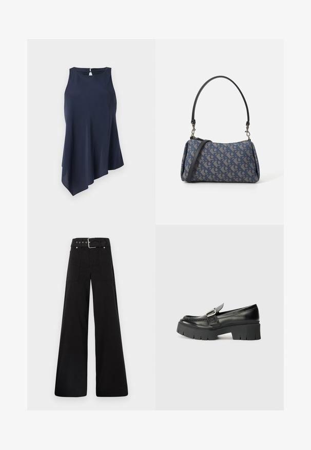 Laivansinisinen hihaton paita, jossa on epäsymmetrinen helma, valmistettu pehmeästä kankaasta. Takana avaus avaimenreijän muodossa. Yksinkertainen, tyylikäs muotoilu.; Mustat leveälahkeiset housut, jotka on valmistettu puuvillasta. Ne ovat korkeavyötäröiset, suuriin sivutaskuihin ja vyön kanssa varustettu, jossa on hopeanväriset yksityiskohdat.; Mustat nahka loafersit, joissa on paksu kumipohja. Varustettu solkiyksityiskohdalla ja yläsivun ompeluyksityiskohdalla. Tasakorko.; Sininen kuviollinen käsilaukku, joka on valmistettu kankaasta, ja siinä on kaareva muoto, musta nahkakahva sekä logo suunnittelu vaaleammassa sävyssä.