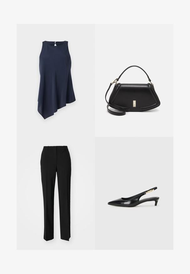 Marineblauwe zonder mouwen top met een asymmetrische zoom, gemaakt van zachte stof. Heeft een sleutelgatopening aan de achterkant. Eenvoudig, elegant ontwerp.; Zwarte op maat gemaakte broek met een recht model, voorzien van een soepele textuur en scherpe plooien aan de voorkant. Geen zichtbare hardware.; Zwarte leren slingback hakken met een spitse neus, voorzien van een slanke hak en een goudkleurige accent op de verstelbare band. Gladde textuur.; Zwarte leren handtas met een gestructureerd ontwerp, featuring een verkorte vorm, bovenhandvat en gouden hardwareaccent. Inclusief verstelbare schouderband.