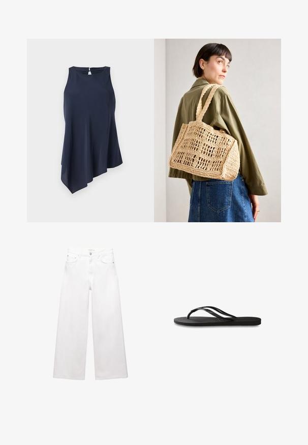 Marineblauwe zonder mouwen top met een asymmetrische zoom, gemaakt van zachte stof. Heeft een sleutelgatopening aan de achterkant. Eenvoudig, elegant ontwerp.; Witte wijde jeans van katoen, met een hoge taille, vijf-pocket ontwerp en koperen hardware accenten. Glad, niet-gedistressed textuur.; Zwarte flip-flop met een gestructureerde rubberen zool, twee slanke banden en een subtiele, ingedrukte logo-detail op de band.; Tan gehaakte tas in een rechthoekige vorm, met twee brede handvatten en een open rasterpatroon. Het ontwerp heeft een gestructureerde stof en een ruime interieur.