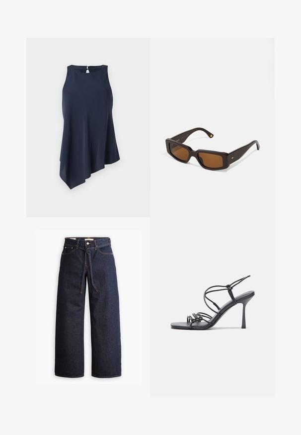 Navy blue sleeveless top with an asymmetrical hem, made of soft fabric. Features a keyhole opening at the back. Simple, elegant design.; Wide-leg dark blue denim jeans with a high waist, featuring a drawstring tie, five pockets, and contrasting stitching details.; Black high-heeled sandals feature thin straps with a knotted design, a smooth square toe, and a sleek stiletto heel.; Rectangular brown sunglasses with a dark brown plastic frame. Features brown tinted lenses and gold accent on the temple.
