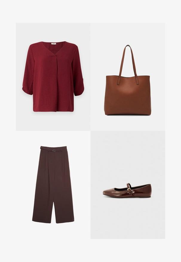 Blusa bordeaux a tre quarti con scolla a V e dettaglio plissè frontale. Realizzata in tessuto leggero e testurizzato, con una vestibilità rilassata.; Stradivarius WIDE-LEG WITH BUCKLE DETAIL - Pantaloni - dark brown; Ballerine in pelle verniciata marrone con punta quadrata e cinturino dotato di una piccola fibbia dorata. Texture liscia, tacco basso e design minimalista.; Borsa tote in pelle marrone con texture liscia, design con apertura superiore e due spallacci. Presenta cuciture minime e nessun hardware visibile.