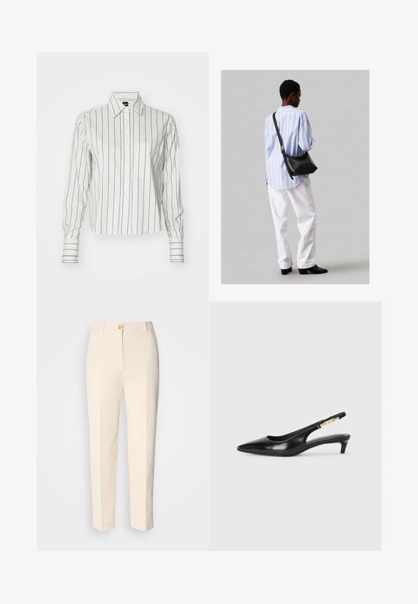 Valge pika varrukaga särk, millel on õhukesed vertikaalsed mustad triibud, brošüüriga krae, esitasku ja mansetid.; Kreemikas värvi kõrge vöökohaga püksid, mis on valmistatud tekstureeritud kangast. Omab esFront nuppude sulgemist ja kitsenevaid jalgu.; Mustad nahast slingback kontsad terava ninaga, millel on õhuke konts ja kuldse tooni aktsent reguleeritaval rihmal. Sile tekstuur.; Must have mustras alasi nahkpatsi, pehme tekstuuriga, kolmnurkse kujuga ja reguleeritava rihmaga, koos helesinise triibulise särgi ja valgete pükstega.