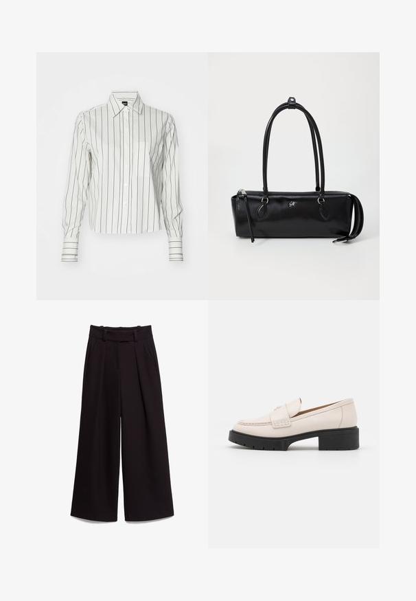 Camisa blanca de manga larga con finas rayas verticales negras, que cuenta con un cuello abotonado, bolsillo frontal y mangas con puños.; Pantalones de pierna ancha negros, hechos de una tela suave, con una cintura alta, passadores para cinturón y dos bolsillos frontales. El diseño plisado añade textura.; Mocasines de cuero beige claro con un frente cosido y un tacón de plataforma negro texturizado. Presenta un diseño curvado y una ligera elevación.; Bolso de mano de cuero negro con forma rectangular, textura suave, dos asas, cierre con cremallera y un pequeño logo en la parte frontal.