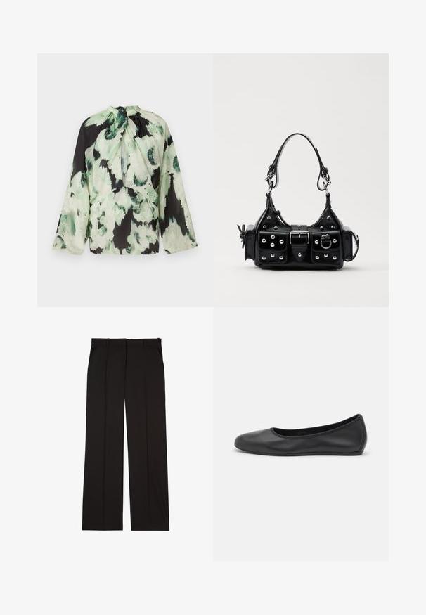 Hosszú ujjú blúz könnyű anyagból, fekete alapon zöld absztrakt virágmintával és megkötős nyakkivágással.; Fekete, sima anyagból készült, szabott nadrág, egyenes vonalú szabással és két oldalsó zsebbel. Elegáns és minimalista kialakítás.; Fekete bőr balettcipő lekerekített orral, sima tekstúrával, minimális varrással és rugalmas talp kialakítással.; Fekete bőr kézitáska ívelt designnal, ezüst szegecsekkel, csattal és két oldalsó zsebbel. Állítható vállpánt a hordozási lehetőségekhez.