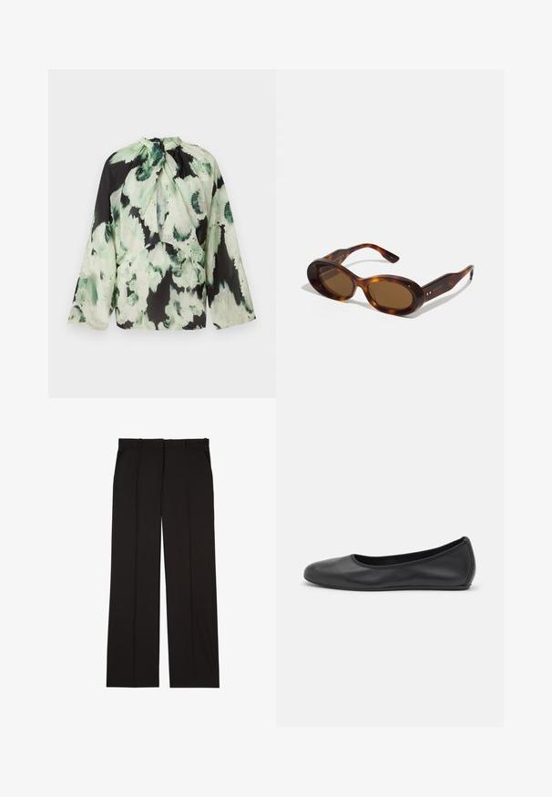 Long-sleeve blouse in lightweight fabric, featuring a black base with a green abstract floral pattern and a tie neck design.; Black tailored trousers made of a smooth fabric, featuring a straight-leg design, and two side pockets. Elegant and minimalistic construction.; Black leather ballet flat with a rounded toe, smooth texture, minimal stitching detail, and a flexible sole design.; Tortoiseshell sunglasses with oval lenses, brown tint, and gold accents on the arms. Thick frames with a glossy finish and smooth texture.