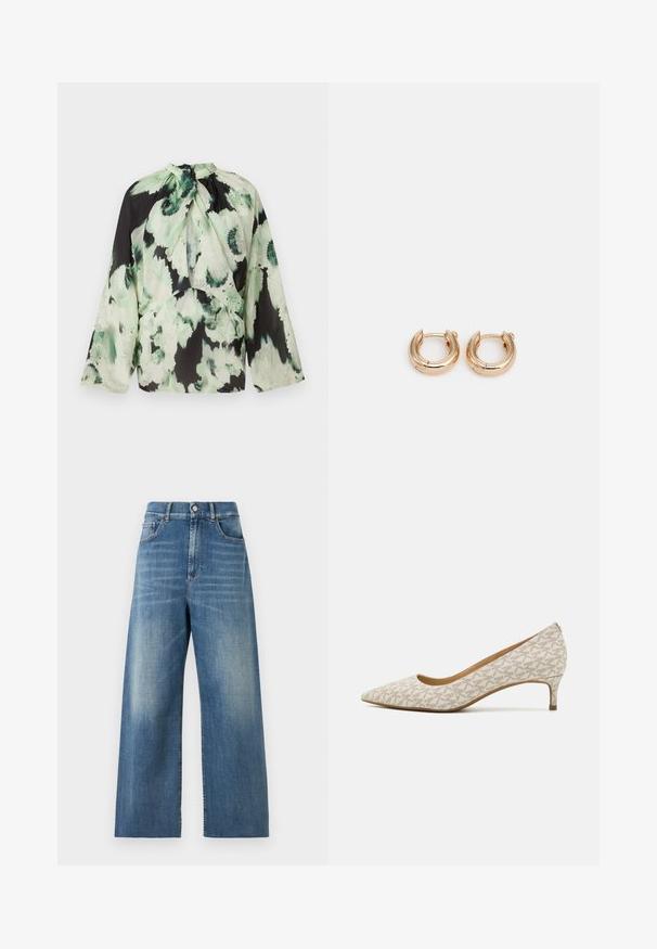 Pitkähihaista paitapuseroa kevyestä kankaisesta, mustalla pohjalla, jossa on vihreä abstrakti kukkakuosi ja solmittava kaulussuunnittelu.; Korkeavyötäröiset, leveälahkeiset farkut sinisestä denimistä, jossa on kulutettu pinta. Ominaisuuksiin kuuluvat etutaskut ja yksittäinen napin sulku.; Beige-kankaan suippokärkinen korkokenkä, jossa on geometrinen kuvio, matala korko ja tyylikäs siluetti. Sujuva rakenne ja vähäiset koristeet.; Kultaiset renkaat korvakorut kiiltävällä pinnalla, joissa on paksu, pyöreä muotoilu ja turvallinen sulkemismekanismi. Sujuva rakenne ja kiiltävä ulkonäkö.