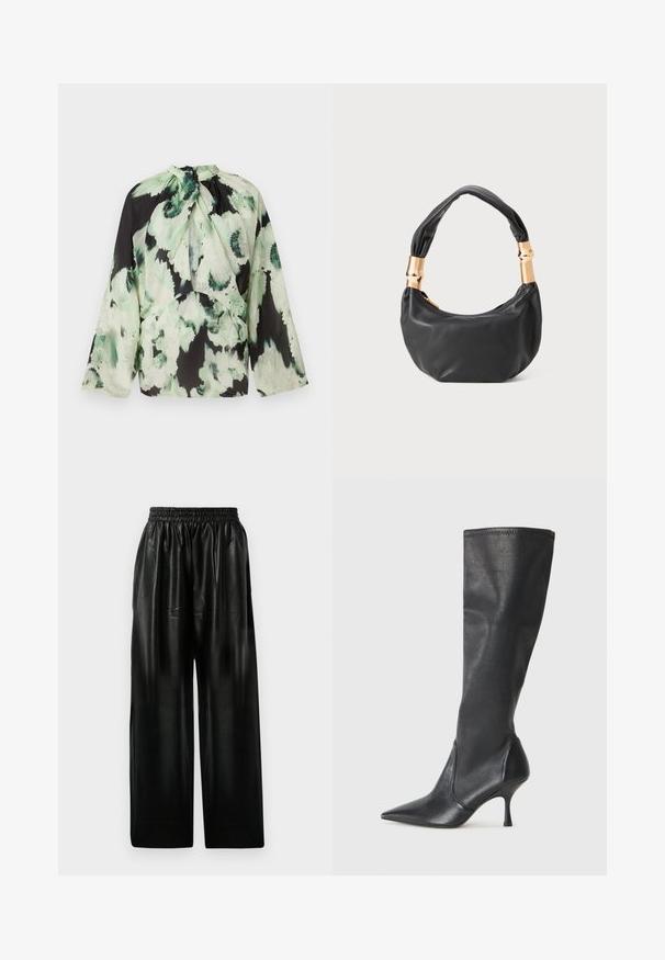 Ilga rankovė blouse pagaminta iš lengvos medžiagos, su juodu pagrindu, ant kurio yra žalias abstraktus gėlių raštas ir kaklo raištelis.; Juodos odinės plačios kelnės su elastinga juosmeniu, turinčios dvi šonines kišenes ir lygią, blizgią tekstūrą.; Juodų odinių batų iki kelių su smailiu pirštu ir plonu stiletto kulnu. Lygus paviršius, pritaikytas dizainas ir siuvimas viršutiniame krašte.; Juodas odinis rankinukas apvalios formos, minkštos tekstūros su susietu rankena ir auksinės spalvos detalėmis. Užtrauktuko uždarymas.