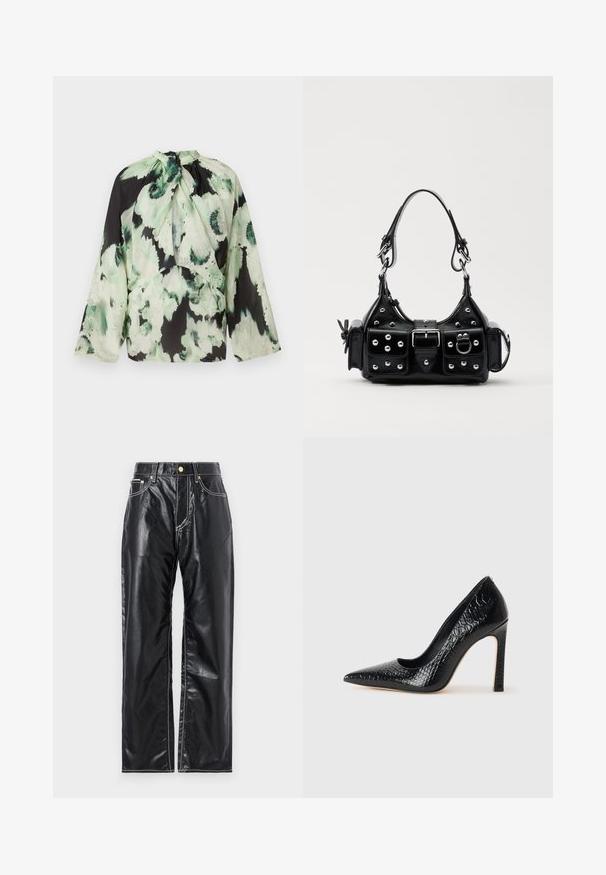 Langärmlige Bluse aus leichtem Stoff, mit schwarzem Grund und einem grünen abstrakten Blumenmuster sowie einem Bindekragen.; Schwarze Kunstlederhosen mit weitem Schnitt, ausgestattet mit weißen Nähten, frontalen Taschen und einem goldenen Knopf am Bund.; Schwarzer, spitz zulaufender High Heel mit Krokodilleder-Struktur, elegantem Design, hohem Stiletto-Absatz und glattem schwarzen Innenraum.; Schwarze Lederhandtasche mit einem geschwungenen Design, verziert mit silbernen Nieten, einer Schnalle und zwei seitlichen Taschen. Verstellbarer Träger für verschiedene Tragemöglichkeiten.