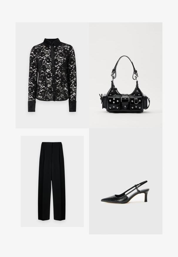 Μαύρη δαντελένια μπλούζα με μακριά μανίκια, καλοσχηματισμένο γιακά, κουμπιά μπροστά και υφασμάτινες βελουτέ μανσέτες. Διαθέτει λουλουδάτα σχέδια από δαντέλα σε όλη την επιφάνεια.; Μαύρο παντελόνι με φαρδιά πόδια και ψηλή μέση, διακοσμημένο με πτυχώσεις και απαλό υφή. Το ύφασμα φαίνεται ελαφρύ και κρέμεται με κομψότητα.; Μαύρη πατέντα σλινγκμπάκ γόβα με μυτερή μύτη, διαθέτει υφή από φίδι, ρυθμιζόμενο λουρί και κοντή, υφή τετράγωνη φτέρνα.; Μαύρη δερμάτινη τσάντα χειρός με καμπύλο σχεδιασμό, που διαθέτει ασημένιους στρόφους, κούμπωμα και δύο πλευρικές τσέπες. Ρυθμιζόμενος ιμάντας για επιλογές μεταφοράς.