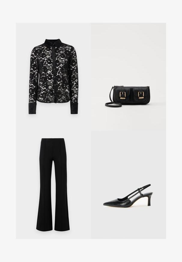 Blusa nera in pizzo con maniche lunghe, colletto strutturato, chiusura con bottoni davanti e polsini in velluto texturizzato. Presenta motivi floreali in pizzo su tutta la superficie.; Pantaloni neri a zampa d'elefante con vita alta, realizzati in tessuto elastico. Presentano dettagli di cucitura verticale nella parte anteriore e una texture liscia.; Slingback con tacco in vernice nera con punta affusolata, caratterizzato da una stampa a serpente testurizzata, cinturino regolabile e un tacco corto e testurizzato.; Borsa a tracolla nera in pelle con due tasche frontali, fibbie dorate, chiusura con zip e una tracolla sottile. Superficie texturizzata e forma rettangolare compatta.