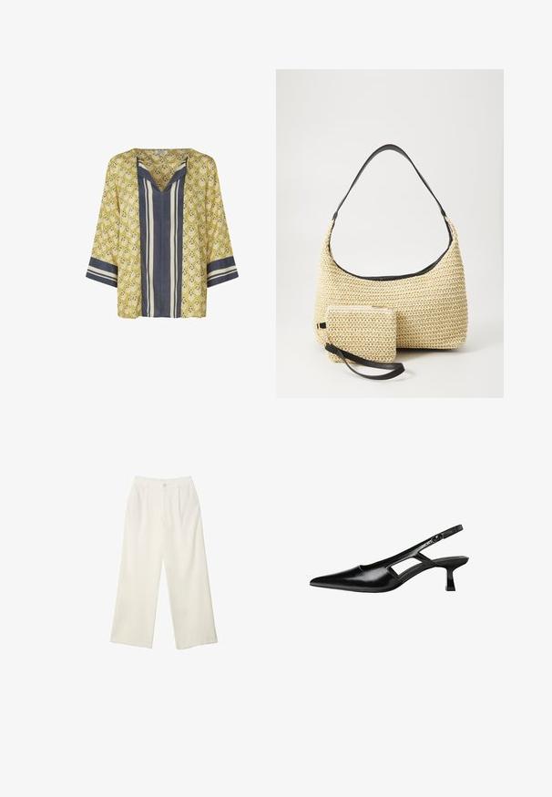 Żółta bluzka w wzory z dekoltem w kształcie V, rękawami trzy czwarte i ciemnoniebieskimi paskami. Posiada kwiatowe motywy w odcieniach niebieskiego i kremowego.; Spodnie z szerokimi nogawkami w kremowej tkaninie o gładkiej fakturze, z pojedynczym guzikiem z przodu, subtelnymi plisami i wysokim stanem.; Czarne lakierowane czółenka na odkrytej pięcie z wąskim noskiem, z wykrojem po bokach i małym kwadratowym obcasem. Gładka faktura z minimalnymi akcentami.; Woven straw handbag o zaokrąglonym kształcie, z gładkim czarnym skórzanym paskiem oraz dopasowaną małą sakiewką przypiętą na pasku na nadgarstek.