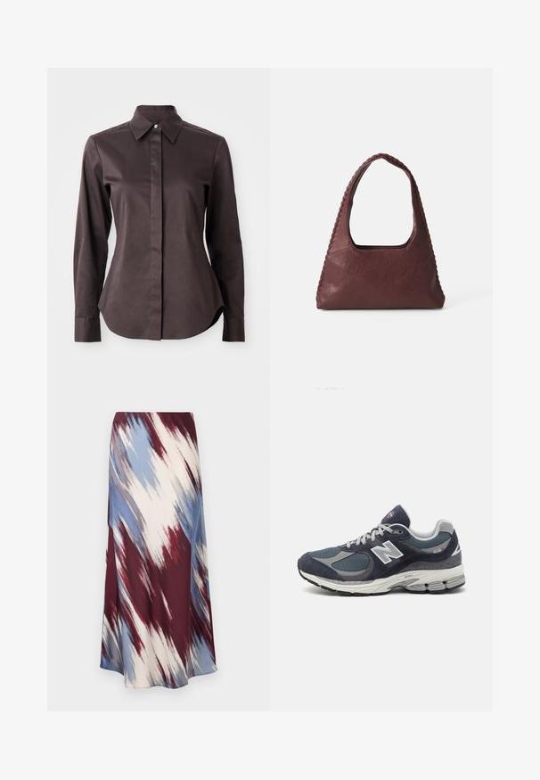 Cămașă de culoare maro închis, cu mânecă lungă, guler ascuțit și placket ascuns, pe un fundal alb.; Polo cu mânecă lungă, cu dungi în nuanțe de burgund și alb, având un guler, placket cu trei butoane și un logo brodat pe piept.; Fustă lungă cu un model diagonal de tie-dye în burgund, albastru și crem, realizată dintr-un material moale cu o siluetă fluidă și o ușoară strălucire.; Adidași New Balance cu un upper din plasă și piele întoarsă de culoare albastru închis, accente gri, logo alb, talpă cu amortizare și detalii texturate.; Geantă de piele burgundă, cu o formă triangulară, cu deschidere în partea de sus și detalii împletite pe mânere. Textură netedă, cu un finisaj mat.