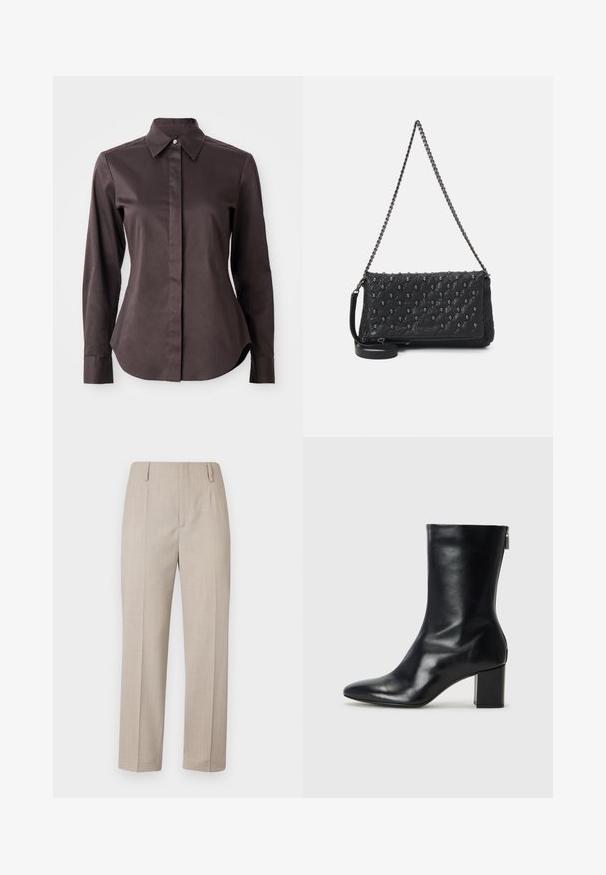 Dark brown long-sleeve button-up shirt with pointed collar and concealed placket on a white background.; Beige tailored pants with a straight leg, featuring a smooth texture, two front pleats, and side pockets.; Black leather ankle boot with a pointed toe and 4 cm block heel. Sleek design features a side zipper for easy wear. Smooth texture.; Black quilted leather bag with a chain strap, featuring skull accents and a zip closure. Textured surface with a glossy finish.