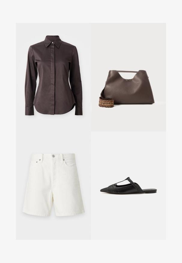 Tmavo hnedá košeľa s dlhým rukávom, gombíkmi a špicatým golierom, s ukrytým zapínaním na bielom pozadí.; Biele riflové šortky so rovnými nohavicami, päťbúchovým dizajnom, predným zapínaním na gombík, strieborným kovovým príslušenstvom a prešitými detailmi.; Čierne kožené sandále so špičatou špičkou, ktoré majú tkaný detail a zborený dizajn vrchnej časti. Plochá podrážka s minimálnym hardvérom.; Hnedá kožená kabelka s textúrovaným povrchom, ostrým dizajnom a charakteristickou hornou rúčkou. Obsahuje detail so vzorovaným tkaným pásikom.