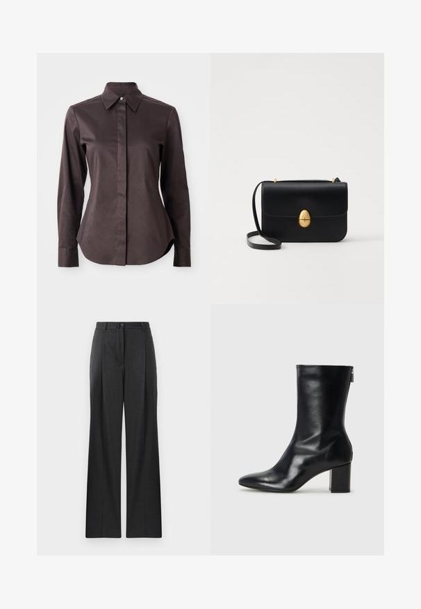 Dunkelbraune Langarmhemd mit Knopfleiste, spitzem Kragen und verdeckter Knopfleiste auf weißem Hintergrund.; Grau gestreifte Hose mit geradem Bein, ausgestattet mit einem Knopfverschluss und Falten auf der Vorderseite. Hergestellt aus einem glatten Material.; Schwarze Leder-Ankle-Boots mit spitzer Zehe und 4 cm Blockabsatz. Schlankes Design mit einem seitlichen Reißverschluss für einfaches Anziehen. Glatte Textur.; Schwarze Lederhandtasche mit strukturierter rechteckiger Form. Verfügt über einen goldenen ovalen Verschluss und einen dünnen Schulterriemen. Glatte Textur.