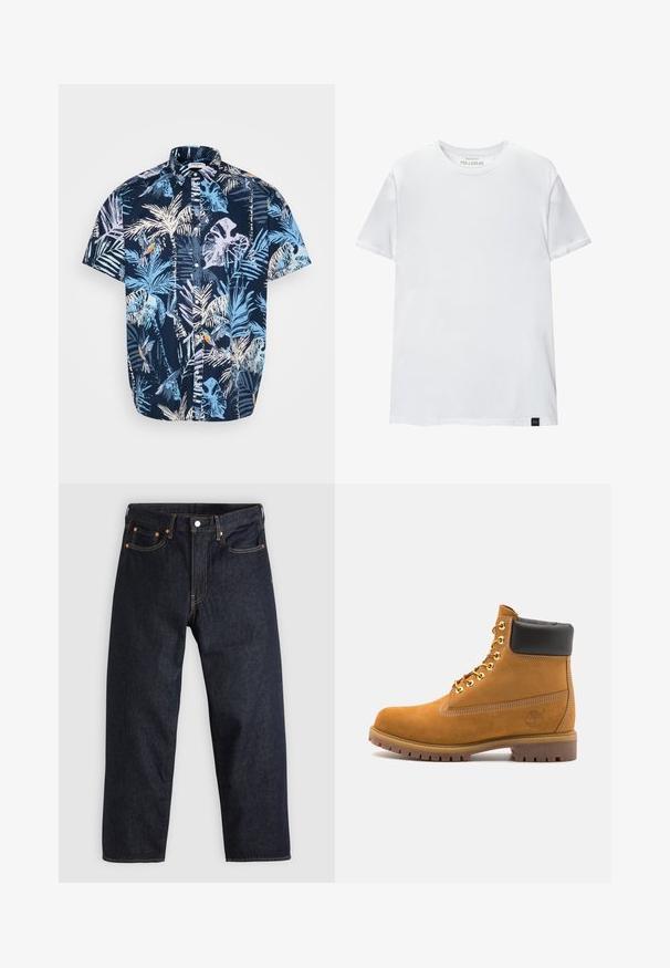 Rövid ujjú gombos ing sötétkék háttérrel, világoskék, fehér és narancssárga trópusi levél- és madármintákkal. Pamut anyag.; Fehér, izmos szabású póló, tiszta pamutból készült. Kerek nyak, rövid ujjú, sima tapintású. Kis fekete logó címke az alsó szegélyen. Egyszerű dizájn.; Sötétkék farmernadrág egyenes szabással, öt zsebbel, kontrasztos narancssárga varrással és gombos záródással. Nem látható rajta mintázat vagy díszítés.; Barna velúr bokacipő fekete párnázott gallérral, arany fém fűzőlyukakkal, fehér varrási részletekkel és durva gumitalppal, amelynek kifejezett barázdái vannak.