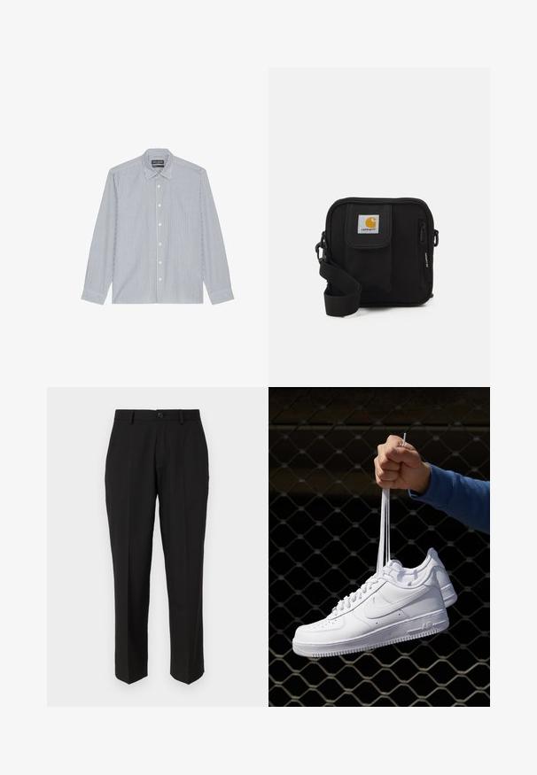 Sinivalkoinen raidallinen napitettava paita avokolarilla, pitkillä hihoilla ja muovinnapeilla. Pehmeä kangas, jossa on pystysuora kuvio.; Mustat housut, jotka on valmistettu sileästä kankaasta, suoran lahkeen muotoilulla, etutaskuilla, yhdellä napilla kiinnitettävänä ja ilman näkyviä kuvioita.; Valkoiset nahkasneakersit, joissa on rei'ityksiä, pyöreä kärki, tasapohja ja paksut nauhat, joissa on näkyvä swoosh-logo ja "AIR" kantapäässä.; Mustat olkalaukku, jossa on vetoketjullinen pääosasto, etutasku, säädettävä hihna ja näkyvä logo-merkki kannessa.