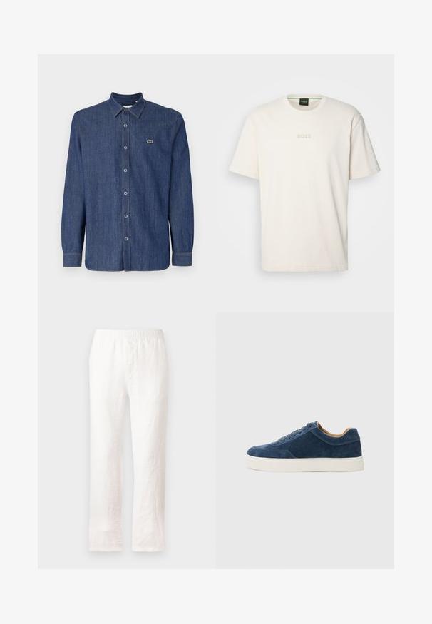 Tamsiai mėlynos džinsinio audinio ilgomis rankovėmis marškiniai su mygtukų apykakle, priekiniais mygtukais ir mažuoju žaliu logotipu krūtinėje.; BOSS TEE - Paprasti marškinėliai - open white; Baltos lininės kelnių su elastine juosta, tiesaus kirpimo dizainas ir šiek tiek tekstūruota medžiaga. Be raštų ar papildomų detalių.; Mėlynos zomšinės sportbačiai su balta gumine padanga, su raišteliais, apvaliu pirštu ir kontrastinga rusva vidine dalimi. Subtilūs siuvimo detalės.