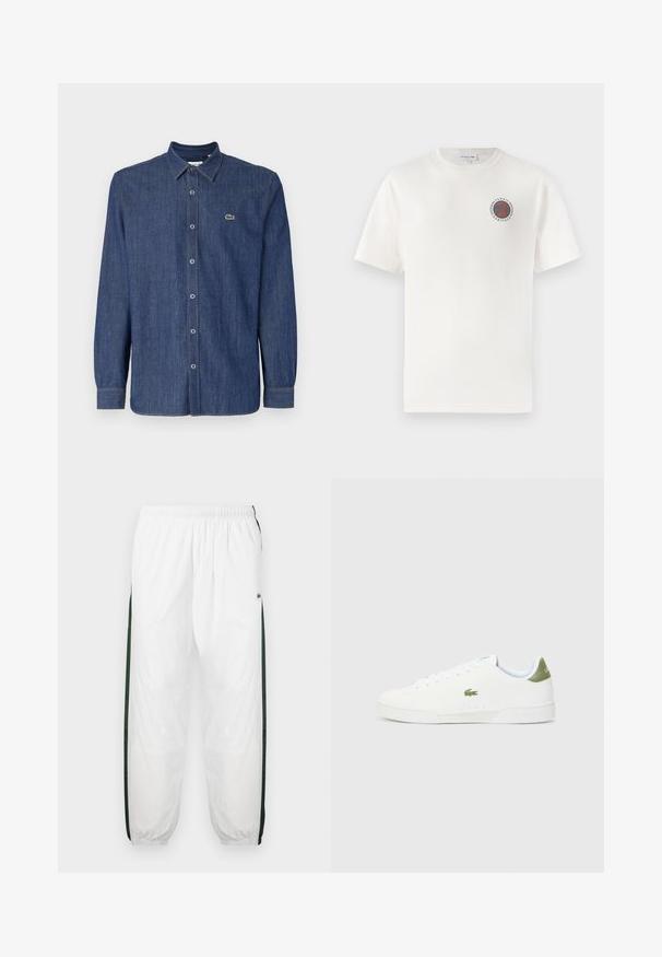 Granatowa dżinsowa koszula z długim rękawem, z kołnierzykiem zapinanym na guziki, guziki z przodu oraz małym zielonym logo na piersi.; Biała bawełniana koszulka z krótkim rękawem, z okrągłym niebiesko-pomarańczowym logo "Tennis Heritage" na lewej piersi.; Białe spodnie dresowe z ciemnozielonymi bocznymi panelami. Lekkie materiały, elastyczny pas i ściągacze u dołu. Zawierają siateczkową teksturę na bokach.; Białe sneakersy o gładkiej fakturze, z zielonym akcentem na pięcie i małym wyhaftowanym logo krokodyla z boku.