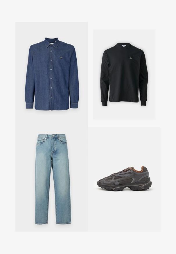 Dunkelblaues Denim-Hemd mit langen Ärmeln, das einen Button-Down-Kragen, Frontknöpfe und ein kleines grünes Logo auf der Brust aufweist.; Schwarzes Langarm-T-Shirt aus Baumwolle, mit Rundhalsausschnitt und einem kleinen grünen, gestickten Krokodil-Logo auf der linken Brust.; Hellblaue Denim-Jeans mit lockerer Passform, geraden Beinen, fünf Taschen im Design und einem Knopfverschluss an der Taille. Minimalistische Nähdetails.; Lacoste Sneaker in Dunkelgrau aus Mesh und Synthetikmaterial, mit einer strukturierten Sohle und braunen Akzenten am Kragen und Logo.