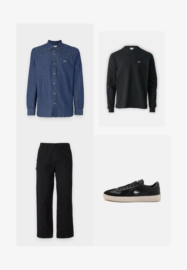 Mørkeblå denim skjorte med lange ermer som har krage med knapper, frontknapper, og en liten grønn logo på brystet.; Svart langermet T-skjorte laget av bomull, med rund hals og en liten grønn brodert krokodillelogo på venstre bryst.; Sorte bomulls cargos med rette ben og lommer på siden, samt frontknaplukning. Slitesterkt stoff med en glatt tekstur.; Svart sneaker med overdel i semsket skinn og lær, med en kremfarget gummisåle, svarte snørebånd og en liten hvit brodert logo på siden.