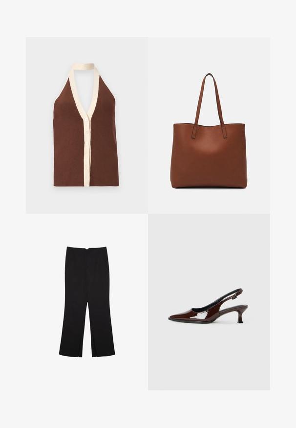 Rjav rebrast halter top z globokim V-izrezom, kremno obrobo in sprednjim gumbom s petimi gumbi. Mehka tekstura.; Črne hlače ravnega kroja z naglavnimi žepi in stranskimi razporki na robu. Narejene iz mehke, gladke tkanine. Primerne za različne priložnosti.; Rjavi lakirani slingback čevelj z ostro konico in zmerno peto. Ima zaponko za varno prileganje. Gladka tekstura.; Rjava usnjena torba z gladko teksturo, odprto zasnovo zgoraj in dvema naramnima trakovoma. Opremljena je z minimalnim šivanjem in brez vidnih kovinskih delov.
