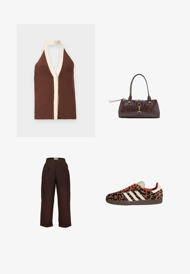 Brązowy halter top z prążkowanym wzorem, z głębokim dekoltem w kształcie litery V, kremowym wykończeniem i zapięciem na pięć guzików. Miękka tekstura.; Spodnie o wysokim stanie, w ciemnym brązowym kolorze, z szerokimi nogawkami, z pętelkami na pasek i fałdami z przodu, wyeksponowane na białym tle.; Sneakers w nadrukiem lamparta z zamszowego materiału, czerwonymi sznurówkami i trzema białymi paskami z boku. Wyróżniają się kremowym językiem i brązową podeszwą.; Ciemnobrązowa skórzana torebka z dwoma górnymi uchwytami, złotymi akcentami metalowymi, detalem z zatrzaskiem z przodu oraz wyszywanymi teksturami po bokach.; Stradivarius SET ciemnobrązowy