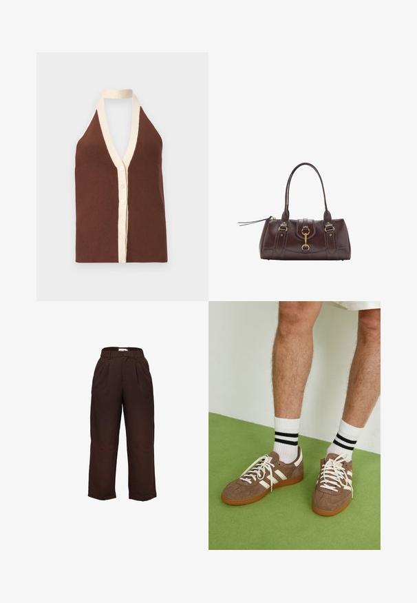 Brązowy halter top z prążkowanym wzorem, z głębokim dekoltem w kształcie litery V, kremowym wykończeniem i zapięciem na pięć guzików. Miękka tekstura.; Spodnie o wysokim stanie, w ciemnym brązowym kolorze, z szerokimi nogawkami, z pętelkami na pasek i fałdami z przodu, wyeksponowane na białym tle.; Brązowe zamszowe sneakersy z białymi akcentami i sznurówkami. Gumowa, brązowa podeszwa. Noszone z białymi skarpetkami w czarne paski. Zielona teksturowana podłoga.; Ciemnobrązowa skórzana torebka z dwoma górnymi uchwytami, złotymi akcentami metalowymi, detalem z zatrzaskiem z przodu oraz wyszywanymi teksturami po bokach.