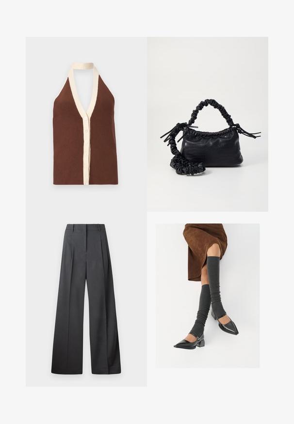 Barna bordázott a nyakba akasztható felső, mély V-nyakkivágással, krémszínű díszítéssel és öt gombbal felszerelt gombos elülső résszel. Puha textúra.; Széles szárú nadrág sötétszürke anyagból, magas derekú, egyes redőkkel, sima textúrával és tiszta befejezéssel a szegélyeken.; Fekete lakk bőrből készült, hegyes orrú cipők, tömbsarkúakkal és bokapánttal, szürke bordás lábszármelegítőkkel és barna velúr szoknyával párosítva.; Fekete műbőr kézi táska krokodil bőr textúrával, összehúzható tetejű és gyűrt pánttal. Lágy és kompakt dizájnúnak tűnik.