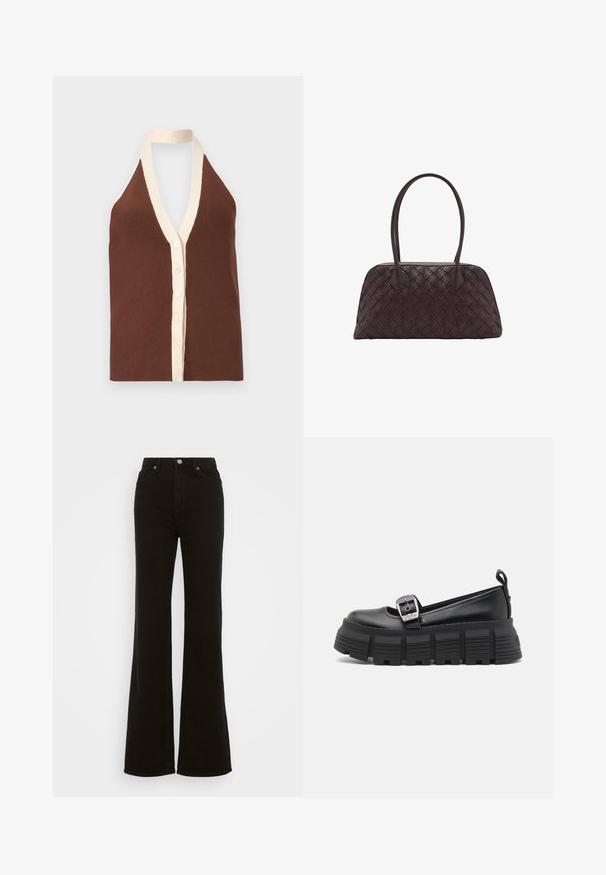 Hnedý rebrovaný halter top so hlbokým výstrihom do V, krémovým lemovaním a predným zapínaním na päť gombíkov. Mäkko štruktúrovaný.; Čierne riflové nohavice s vysokým pásom a rozšírenými nohavicami, s gombíkovým zapínaním, bočnými vreckami a hladkou textúrou.; Čierne platformové mokasíny s okrúhlou špičkou, hladkým koženým vrchom, nastaviteľným prackovým zapínaním a textúrovanou gumovou podrážkou s horizontálnymi drážkami.; Tkaná hnedá kožená kabelka zaobleného tvaru, s dvojitými hornými uchami a hladkým povrchom; obsahuje jemné prešívanie pre dizajnový detail.