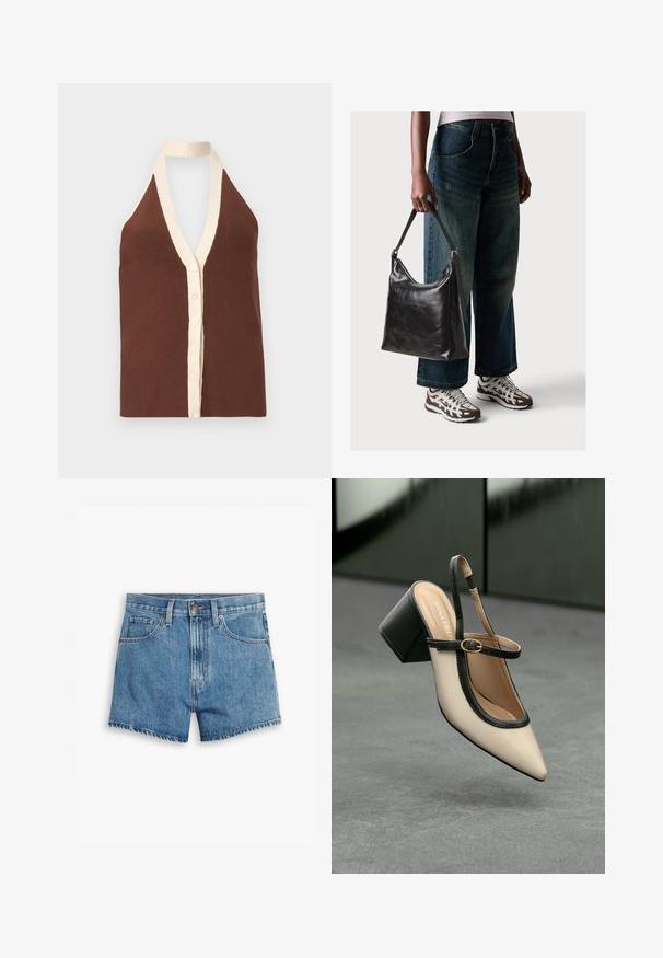 Ruda šonkaidinė halterio viršutinė dalis su giliu V formos iškirpimu, kreminės spalvos apvadais ir penkių mygtukų mygtukų užsegimu priekyje. Minkštas paviršius.; Šviesiai mėlyni džinsiniai šortai, turintys penkis kišenes, užtrauktuko užsegimą ir mygtuko uždarymą. Apačia yra nusidėvėjusi, o dizainas yra laisvo pjūvio.; Šviesiai rudos suknelės bateliai su juodu apvadu, auksine sagtimi ir masyviu blokiniu kulnu, stovintys ant pilkos grindų su tamsiai žalia fonu.; Juodas odinis peties krepšys su lygiu paviršiumi ir reguliuojama dirželiu, derinamas su nublukusiais plačiapurčiais džinsais ir sportiniais batais.