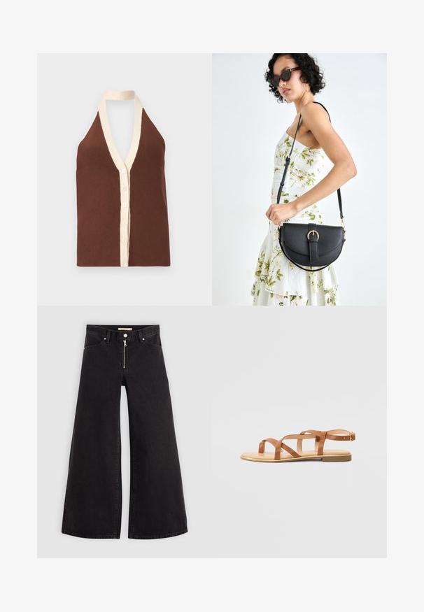 Brauner, gerippter Haltertop mit tiefem V-Ausschnitt, cremefarbenem Saum und einer Knopfleiste mit fünf Knöpfen. Weiche Textur.; Schwarze Denim-Jeans mit weitem Bein, Reißverschluss vorne, Fünf-Taschen-Design und dezenten Stickdetails. Glatte Textur und lässiger Stil.; Braune Leder-Sandale mit mehreren überkreuzten Riemen, offener Zehenpartie, flachem Fußbett und verstellbarem Knöchelriemen mit einer kleinen Metallschnalle.; Schwarze Lederhandtasche mit geschwungener Form, abnehmbarem Tragegurt und goldenen Beschlägen. Die Tasche verfügt über einen Deckel mit einer Schnallen-Details.